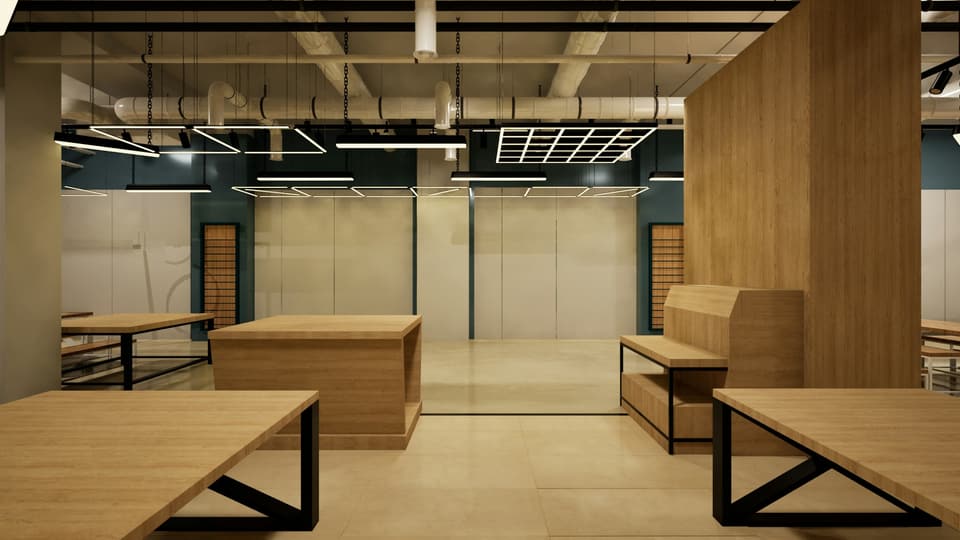 Modern empty interior with wooden furniture and concrete walls