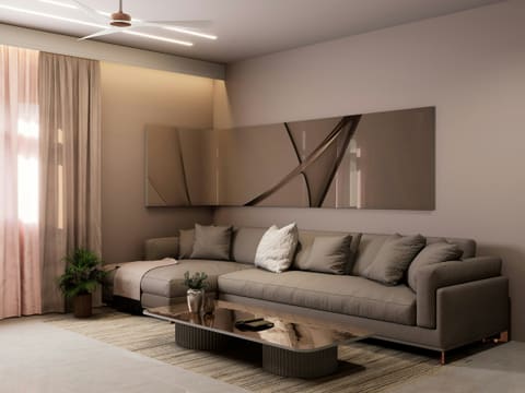 Modern living room with a chic, neutral color scheme