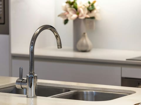 Kitchen Mixers & Pull-Down Taps: stainless steel faucet turned off