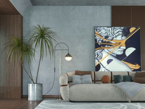 Living Room Seating: a living room with a large painting on the wall