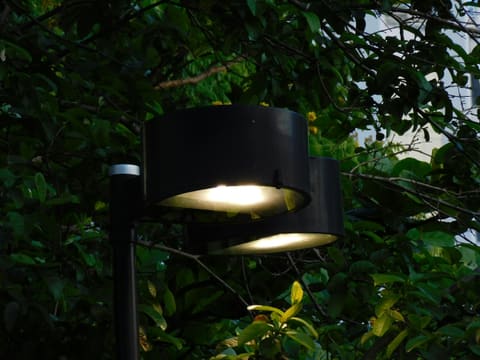 Outdoor & Landscape Lighting: two black outdoor lamps illuminated at dusk