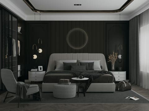 Wall Upholstery: a bedroom with a large bed and a chair