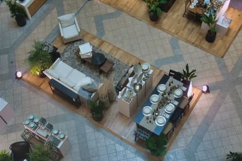 Dining and living room setup with furniture and plants